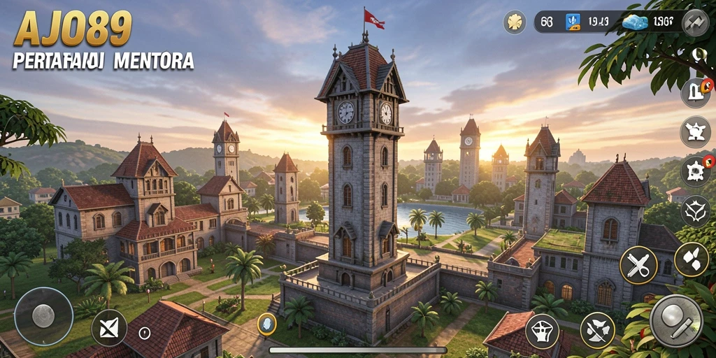 Screenshot gameplay AJO89 menampilkan pertarungan menara yang intens.