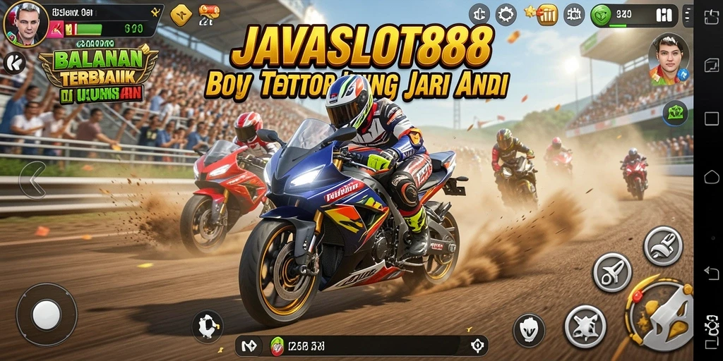 Screenshot utama <strong>JAVASLOT88</strong> menampilkan aksi balapan motor yang mendebarkan.