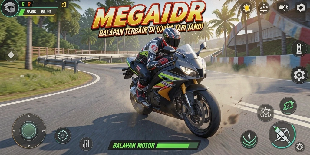 Tangkapan layar utama MEGAIDR menunjukkan balapan motor yang mendebarkan.