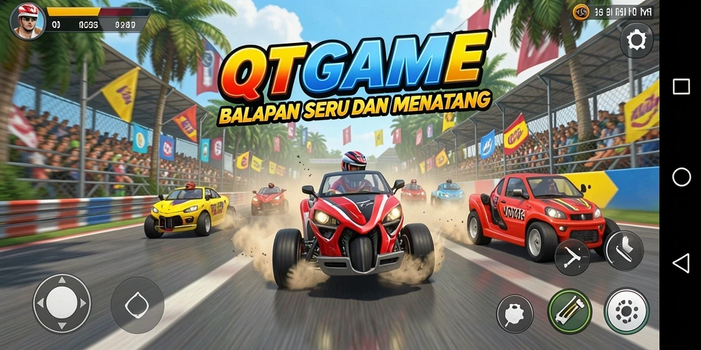 Screenshot menunjukkan aksi balapan mendebarkan di QTGAME.